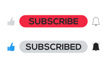 Fototapete - Subscribe button icon set. Red subscribe and grey subscribed button with grey and blue thumbs up and outline and fill bell. Template design for video streaming, website banners, blogs. Vector