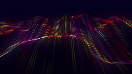 Poster - Dynamic wave of glowing particles. Abstract digital background. Data flow information. Concept of digital communication. Big data visualization. 3D rendering. 4k animation.