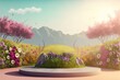 Natural  podium backdrop with dreamy flower field. generative ai