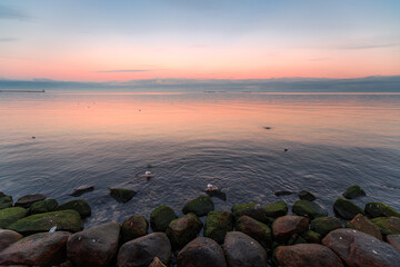 Wall Mural - the setting sun in Gdynia behind the sea horizon