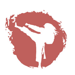 White Illustration female karate fighter wearing uniform isolated vector silhouette. On red background.