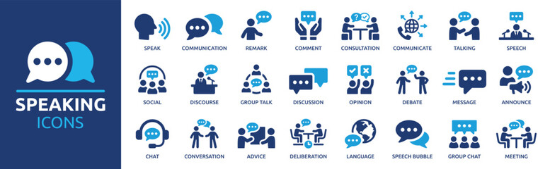 speaking icon set. communication icons collection. containing discussion, speech bubble, talking, co