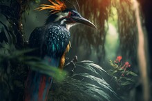 Illustration Of A Paradise Bird Perching On A Tree Branch In The Rainforest Light Background