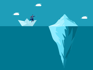 Business risks. Businessman in paper boat sailing near iceberg vector eps