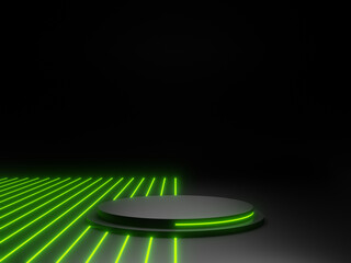 Wall Mural - 3D black podium with green neon lights.