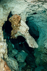 Wall Mural - cave diver instructor leading a group of divers in a mexican cenote underwater