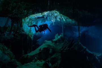 Canvas Print - cave diver instructor leading a group of divers in a mexican cenote underwater