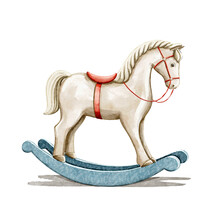 Watercolor Vintage  Cute Toy Rocking Horse Animal With Red Saddle And Bridle Isolated On White Background. Hand Drawn Illustration Sketch