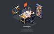 Software Development Coding Process. Programmer or Web Developer Coding App on Computer. Screen With Code, Script and Open Windows. Man Coder Engineer At Workplace. Isometric 3d Vector Illustration