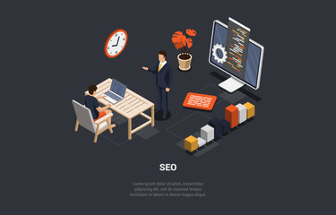 Poster - Search Engine Rank, Seo Optimization, SEO Digital Marketing Concept. Seo Marketing And Analytics, Online Ranking Result. People Working In The Office Space. Isometric 3D Cartoon Vector Illustration