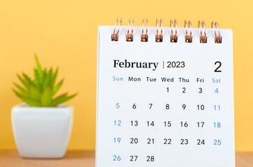 Close up the February 2023 Monthly desk calendar for 2023 year on yellow background.