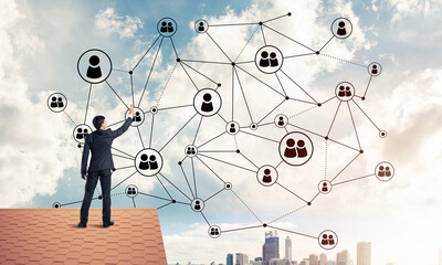 businessman on house roof presenting networking and connection c