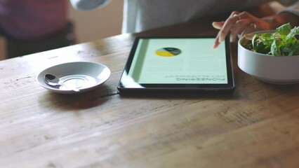 Aufkleber - Hands, business tablet and woman with coffee in cafe for remote work, freelance and working on digital online presentation. Coffee shop, entrepreneur planning report or reading article on tech device