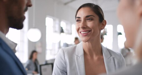 Aufkleber - Business woman, client and office team meeting planning a marketing deal and strategy. Career conversation, working communication and workforce success of a employee with staff happy about diversity