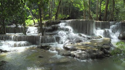 Wall Mural - Huai Mae Khamin Waterfall, sixth level, wild tropical forest in National Park, Kanchanaburi, Thailand