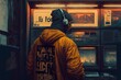 A man with a hoodie and headphones, Lo-Fi Hip Hop music background, generative ai