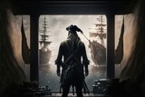 A pirate standing on a ship facing the sea and two pirate ships, backview