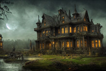 Overgrown Victorian Haunted Mansion In A Moonlit Swamp. [Digital Art Painting, Sci-Fi / Fantasy / Horror Background, Graphic Novel, Postcard, Or Product Image]