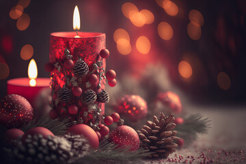 illustration of red  candle decorated with red berry, and pinecone