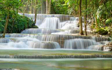  Erawan Waterfall. Nature landscape of Kanchanaburi district in natural area. it is located in Thailand for travel trip on holiday and vacation background, tourist attraction.