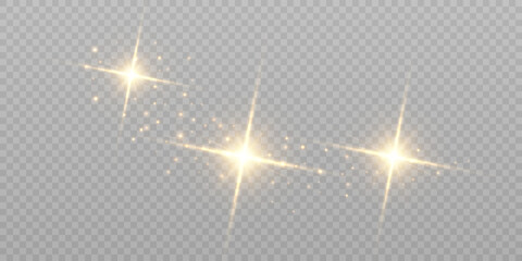 Poster - The dust sparks and golden stars shine with special light. Vector sparkles on a transparent background. Christmas light effect. Sparkling magical dust particles.