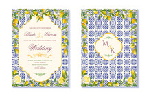 Italian Wedding Invitation With Lemons And Ceramic Tiles, Amalfi Coast Inspired Wedding Invitation Template, Mediterranean Italy Style