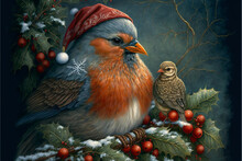 Vintage Little Bird Dressed Up Santa Claus As Christmas Festive Background,illustration.