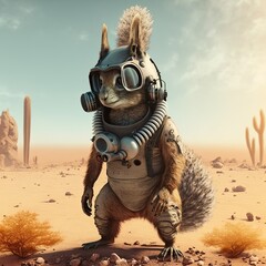 cute squirrel in the desert wearing a army hat and  steampunk clothes/armor ready to fight