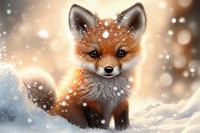 Cute Red Fox Baby Cartoon Dreamlike In Snow, Winter, Generative Ai.