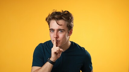 Wall Mural - Portrait of caucasian hipster man 20s looks around put hand to mouth shh, quiet, tells secret isolated on yellow background studio portrait