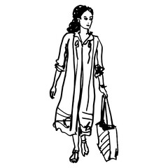 Wall Mural - Beautiful woman carrying tote bag. Hand drawn linear doodle rough sketch. Black silhouette on white background.