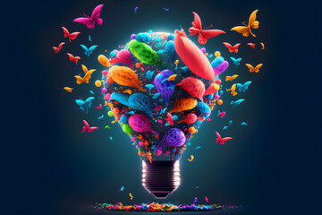 Wall Mural - creative light idea, a colorful bulb lamp with butterflies, visualization of brainstorming, generative ai