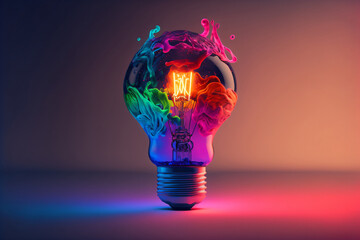 Wall Mural - a colorful glowing idea bulb lamp, visualization of brainstorming, bright idea and creative thinking, generative ai