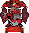 Fire Department Cross includes fireman Bulldog in helmet with firefighter's axes
