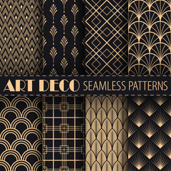 Wall Mural - Art deco vector seamless patterns collection. Classic geometric  gold ornaments on black background. Best for textile, home decor, wallpapers, wrapping paper, package and web design.