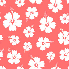 Wall Mural - Hibiscus white flowers on red background. Floral seamless pattern. Best for textile, wallpapers, wrapping paper, package and home decoration.
