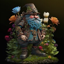 Illustration Of A Garden Gnome With Plants On A Lawn