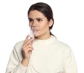 Poster - Young woman using nebulizer on white background