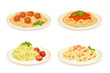 Set of spaghetti dishes isolated on white