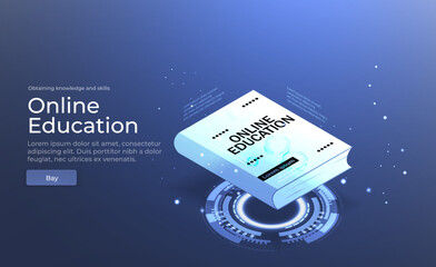 Poster - digital vector illustration. online education blue background or concept with earth planet. online r