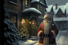 Santa Clause In Snowy Street