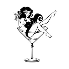 Comic Beauty Girl Sitting In High Cocktail Glass And Holding Glass In His Hand. Pin Up Cartoon Vector On Transparent Background