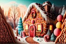  A Gingerbread House With Candy And Candy Canes On The Front Of It And A Christmas Scene Behind It.