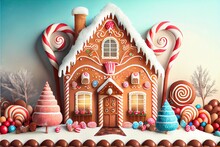  A Gingerbread House With Candy And Candy Canes On A Table With A Blue Background And A Blue Sky.
