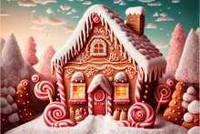  A Gingerbread House With Candy Canes And Candy Canes On The Roof And Trees In The Background.