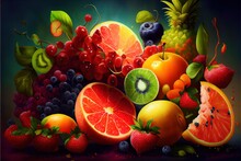  A Painting Of A Bunch Of Fruit On A Table Top With A Green Background And A Blue Background With A Red.