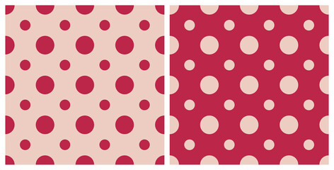 Sticker - Trend color of the year 2023 Viva Magenta. Seamless polka dot pattern background. Design texture elements for fabric, tile, banner, template, card, cover, poster, backdrop, wall. Vector illustration.