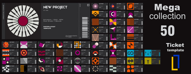 Poster - Mega collection.
Ticket vector templates layouts with abstract vector geometric shapes. Brutalist inspired graphics. Great for branding presentation, poster, cover, art, tickets, prints, etc.