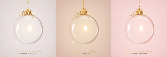 Fototapete - Christmas ornaments glass transparent balls empty inside. Set of Christmas ball hanging on gold ribbon. Festive decoration objects. vector illustration