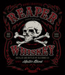 Vintage whiskey liquor label t-shirt graphic with antique frame and skull with crossbones